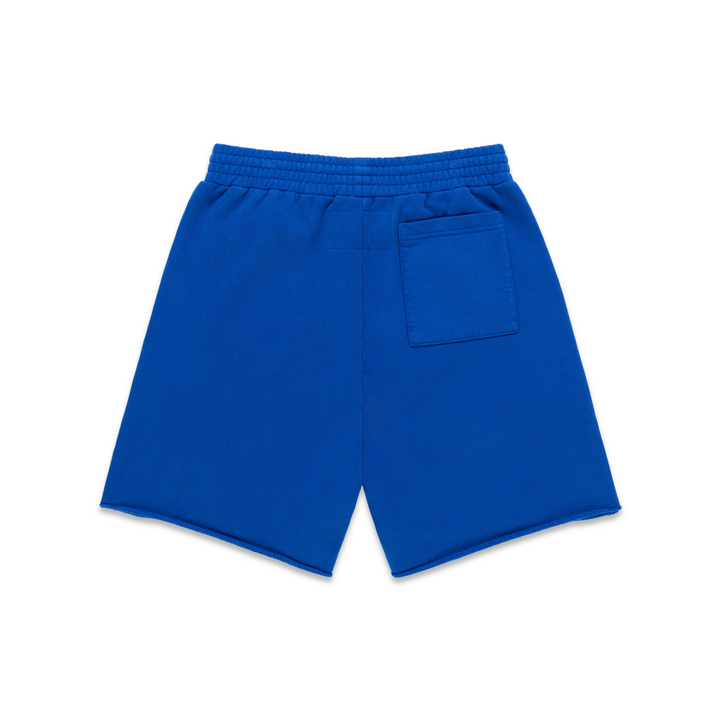 Blue 13oz cotton fleece sweatshorts with raw hem, drawcord waistband, and back patch pocket.