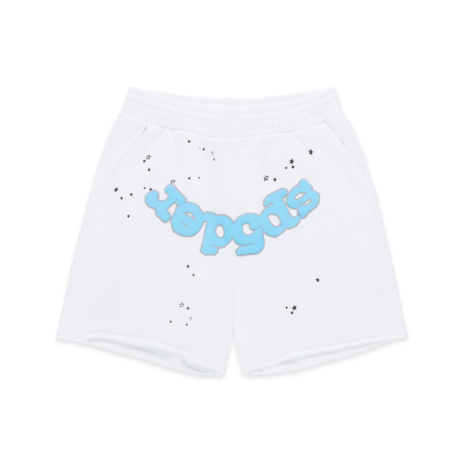 White 100% cotton fleece sweatshorts with blue "SP5DER" text and black star print. Raw hem, drawcord waistband.