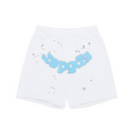 White 100% cotton fleece sweatshorts with blue "SP5DER" text and black star print. Raw hem, drawcord waistband.