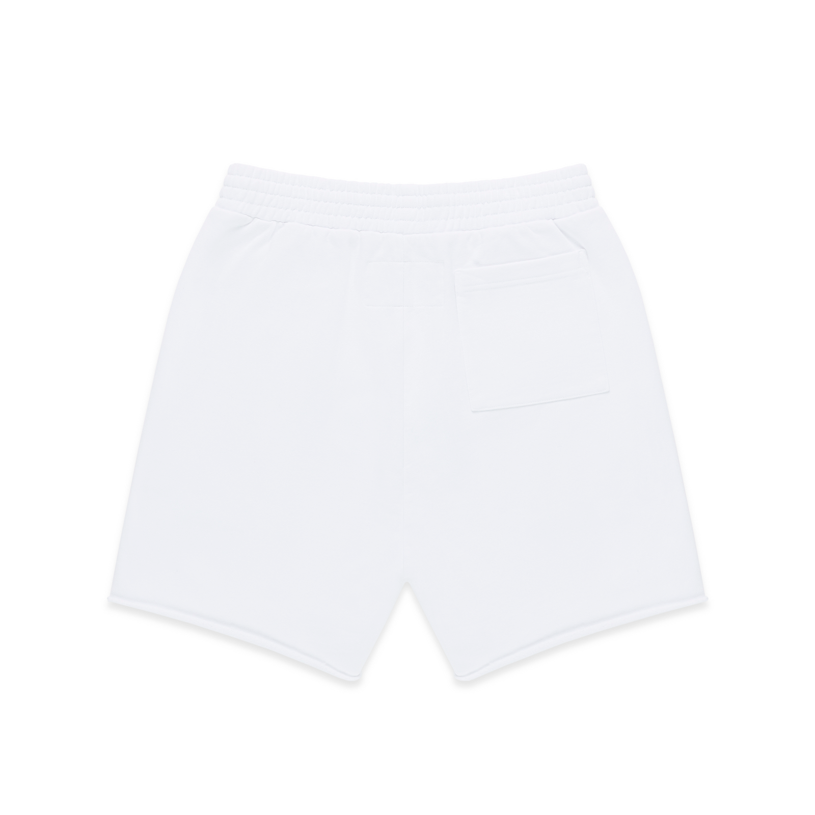 White 13oz cotton fleece sweatshorts with elastic waist, back patch pocket, and raw hem.