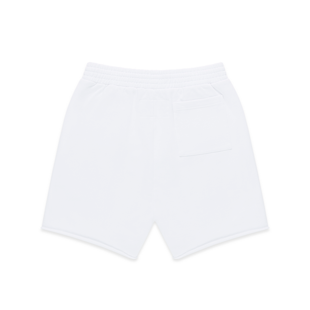 White 13oz cotton fleece sweatshorts with elastic waist, back patch pocket, and raw hem.