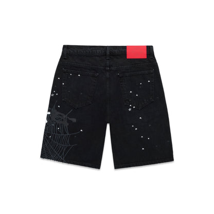 Black heavy web jean shorts with white stars and a spiderweb graphic.