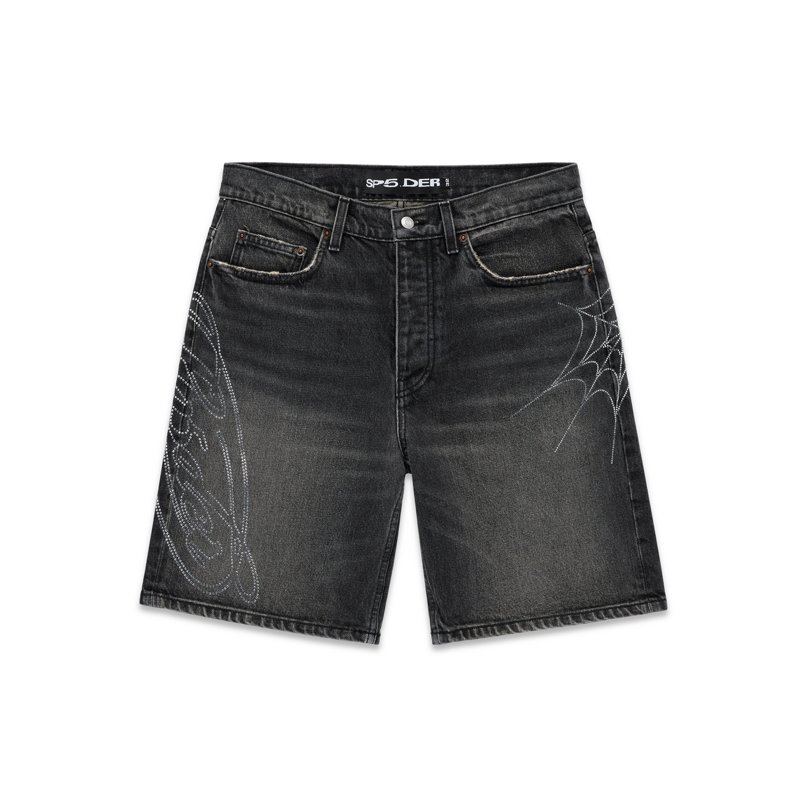Vintage wash black denim shorts with rhinestone web and text design.