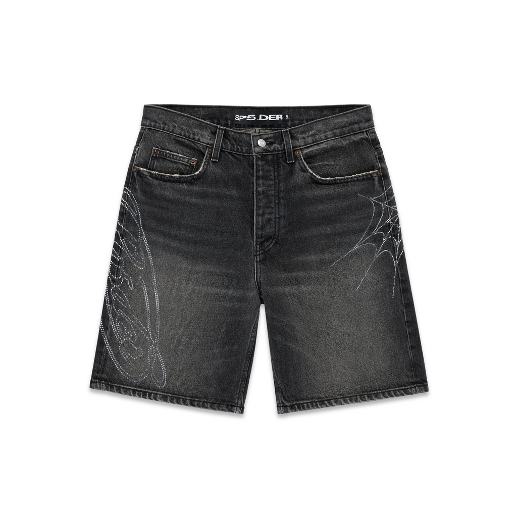 Vintage wash black denim shorts with rhinestone web and text design.