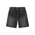 Vintage wash black denim shorts with rhinestone web and text design.