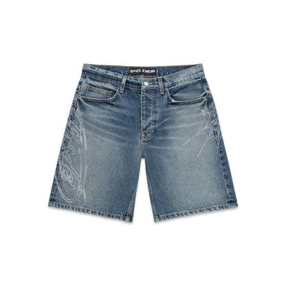 Blue denim shorts with rhinestone web design on both legs, raw hem, and button fly.