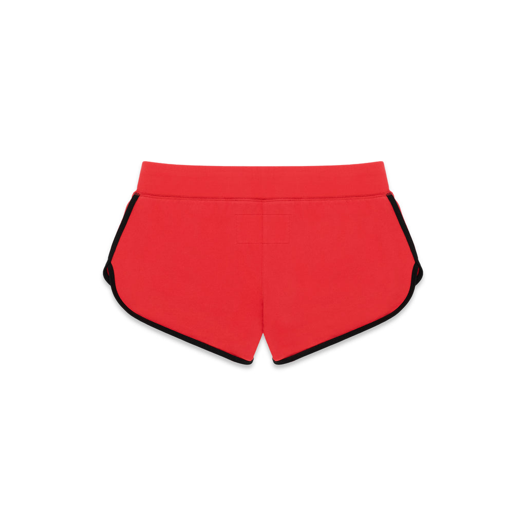 Red SP5 WIDE BOXER shorts with black trim and elastic waistband.