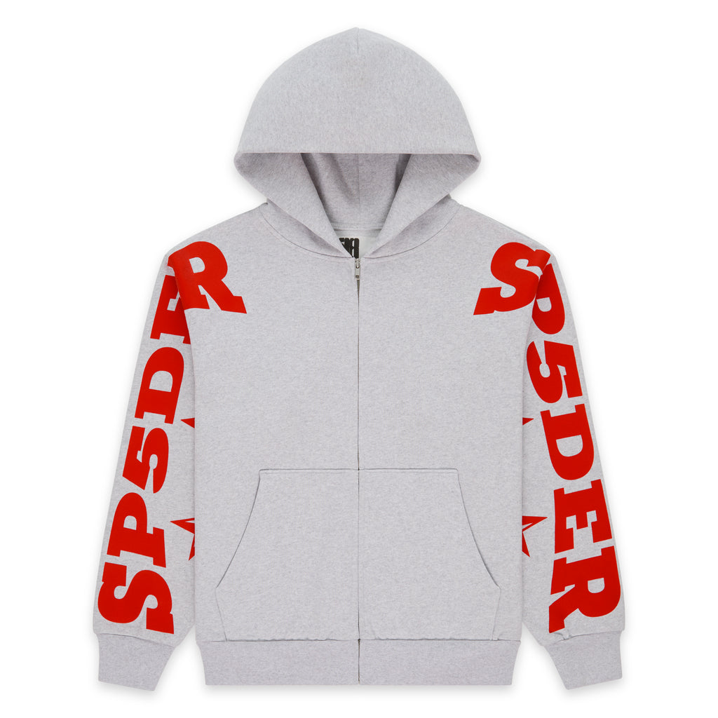 Light grey cotton fleece zip hoodie with red "SP5DER" and star print on sleeves, front zipper, and kangaroo pocket.