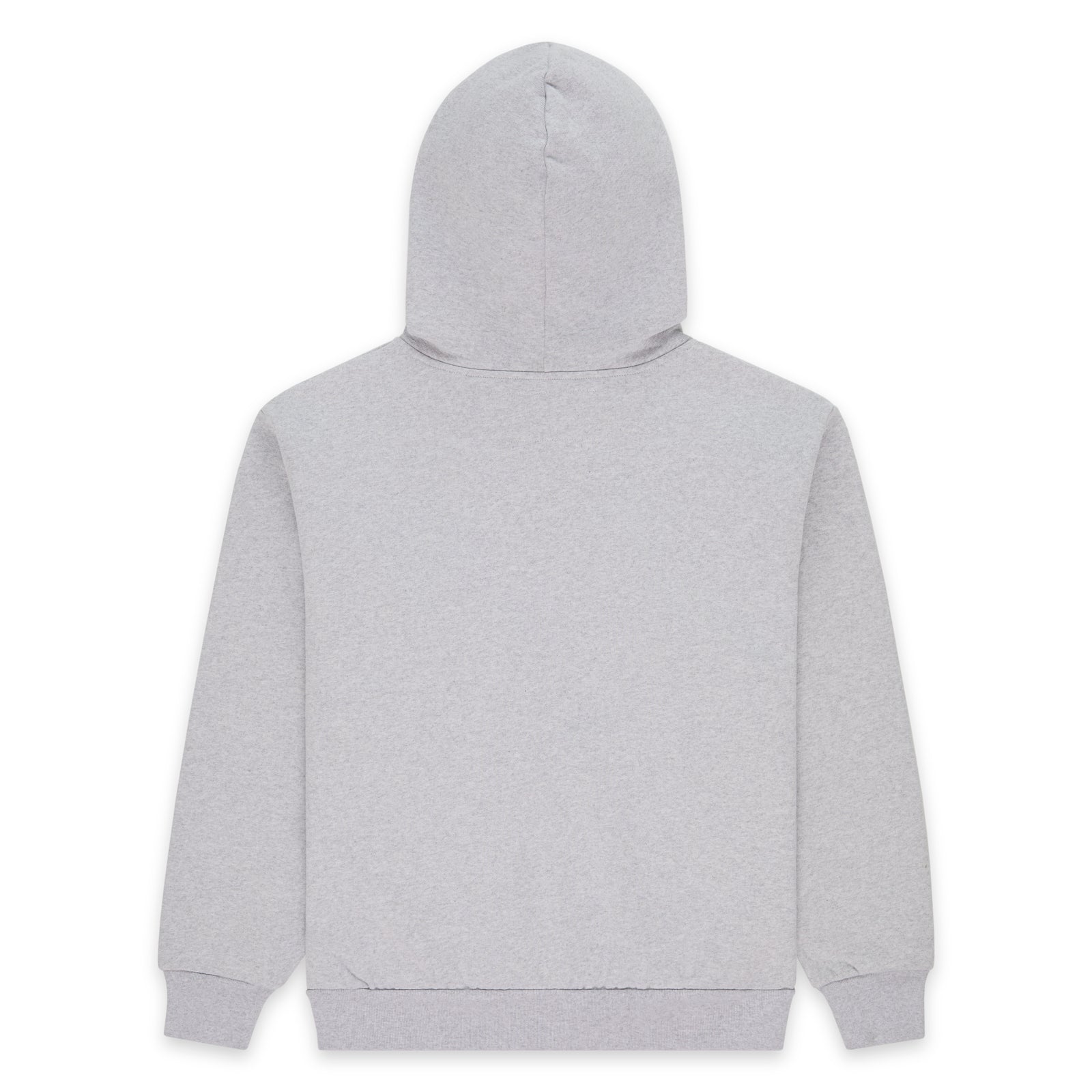Back of a plain light gray 100% cotton fleece zip hoodie with ribbed cuffs and waistband.