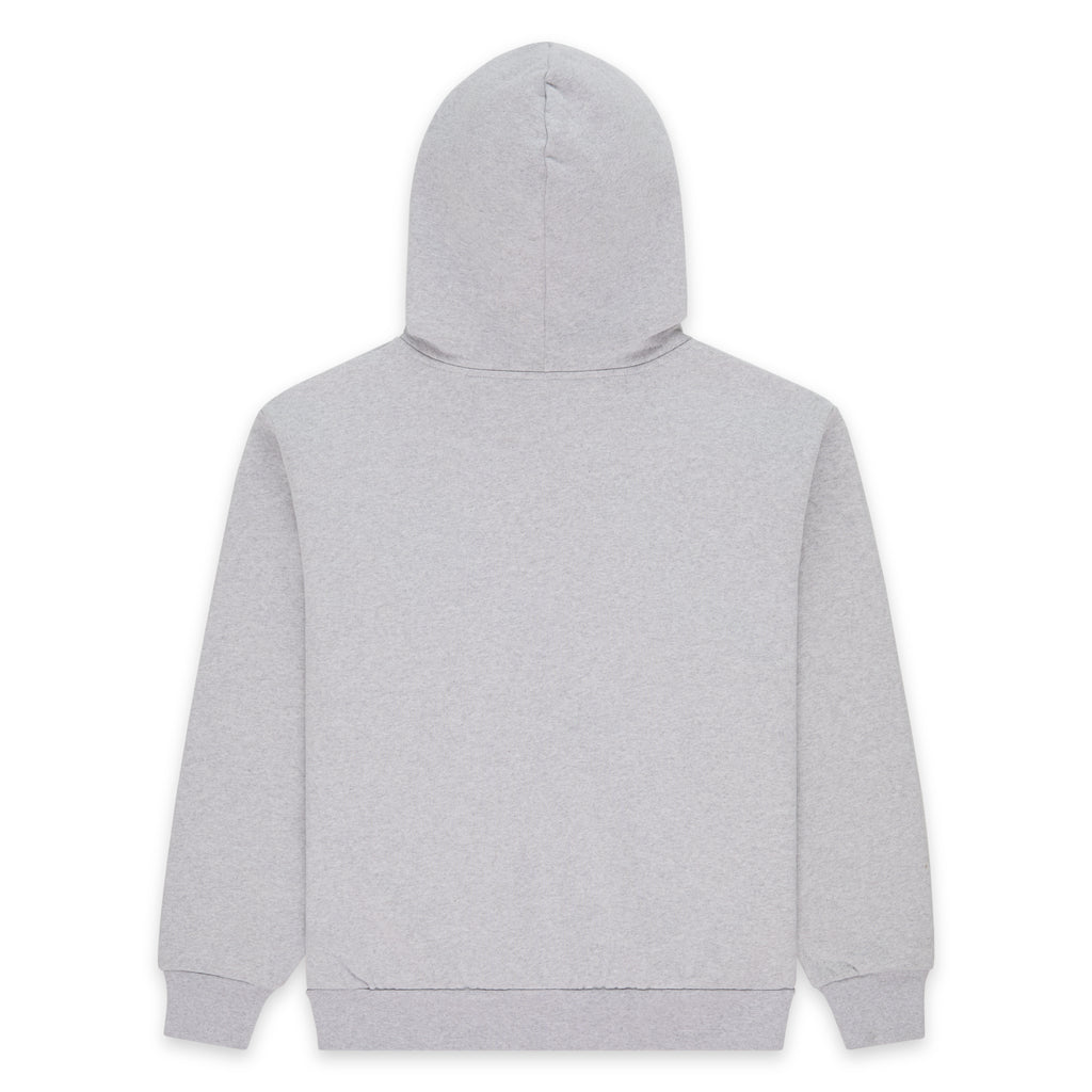 Back of a plain light gray 100% cotton fleece zip hoodie with ribbed cuffs and waistband.