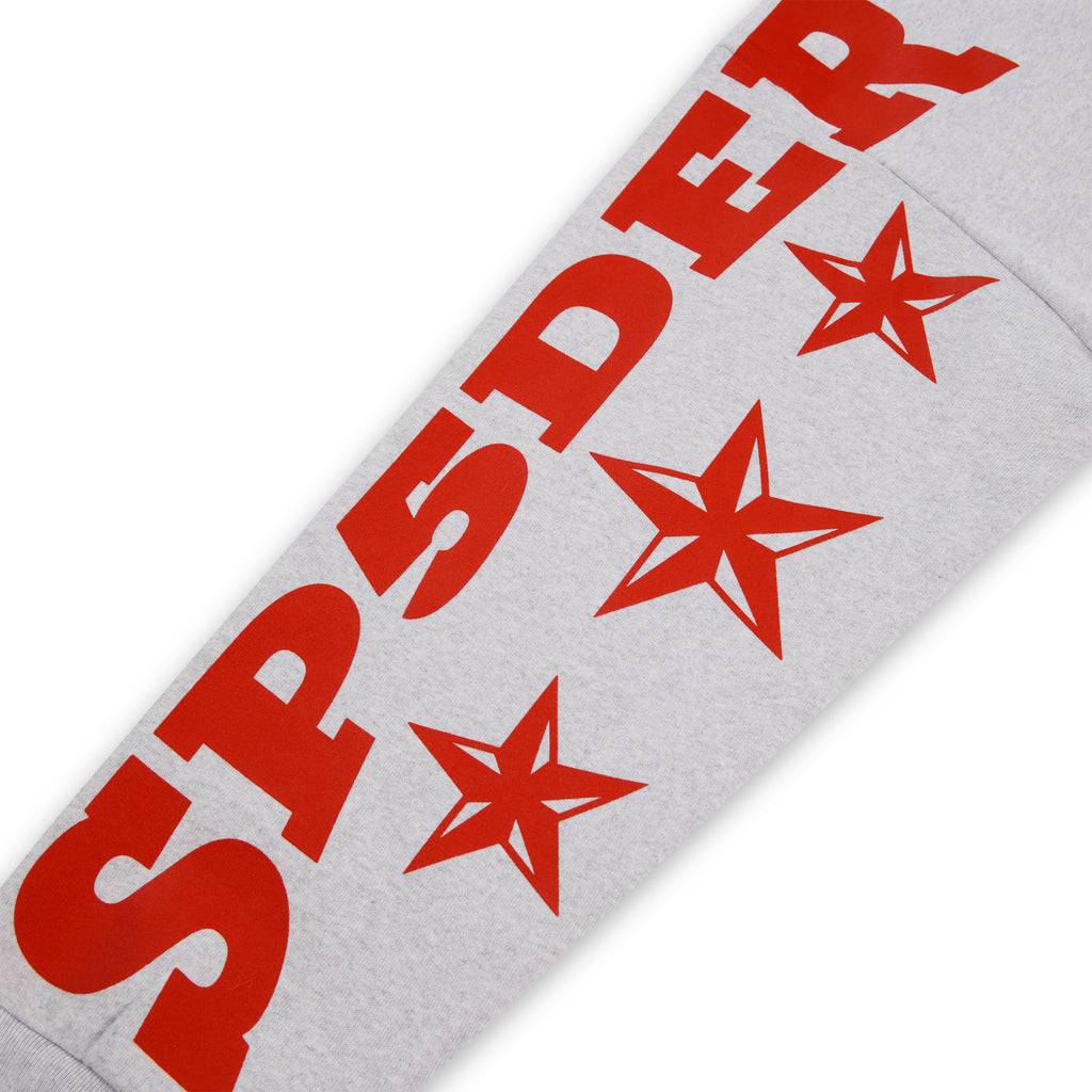 Grey 13oz cotton fleece hoodie sleeve with bold red "SP5DER" text and star print.