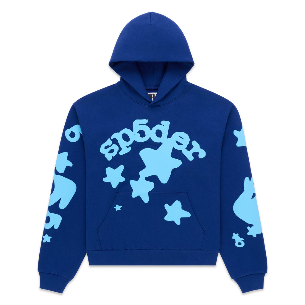 Beluga blue 13oz cotton fleece hoodie with light blue 'SP5DER' and star puff/discharge prints.