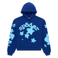 Beluga blue 13oz cotton fleece hoodie with light blue 'SP5DER' and star puff/discharge prints.