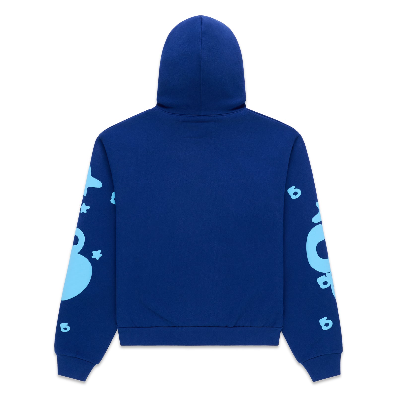 Beluga Hoodie, back view. Blue 13oz cotton fleece with light blue puff print stars and "6" on sleeves.