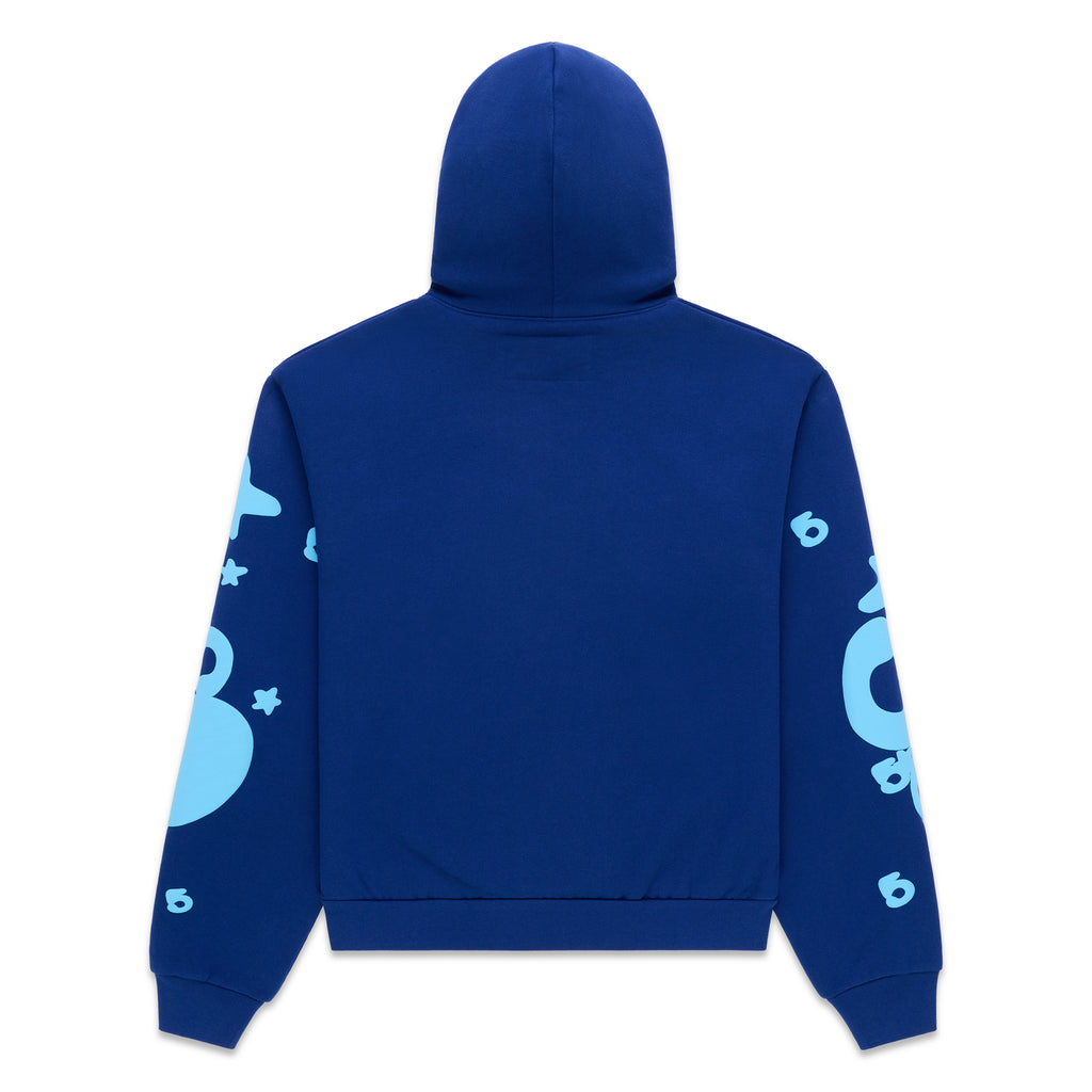 Beluga Hoodie, back view. Blue 13oz cotton fleece with light blue puff print stars and "6" on sleeves.