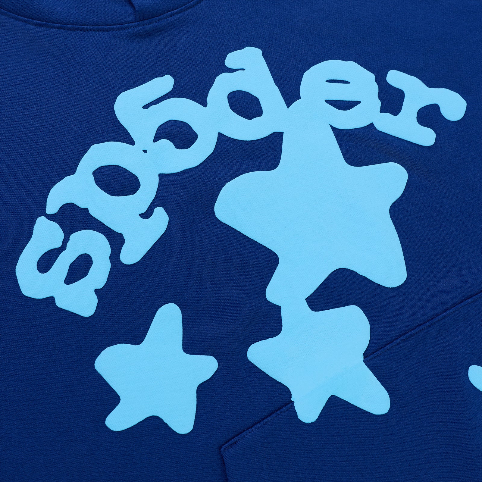 Beluga blue cotton fleece hoodie with light blue 'SP5DER' text and star puff prints.