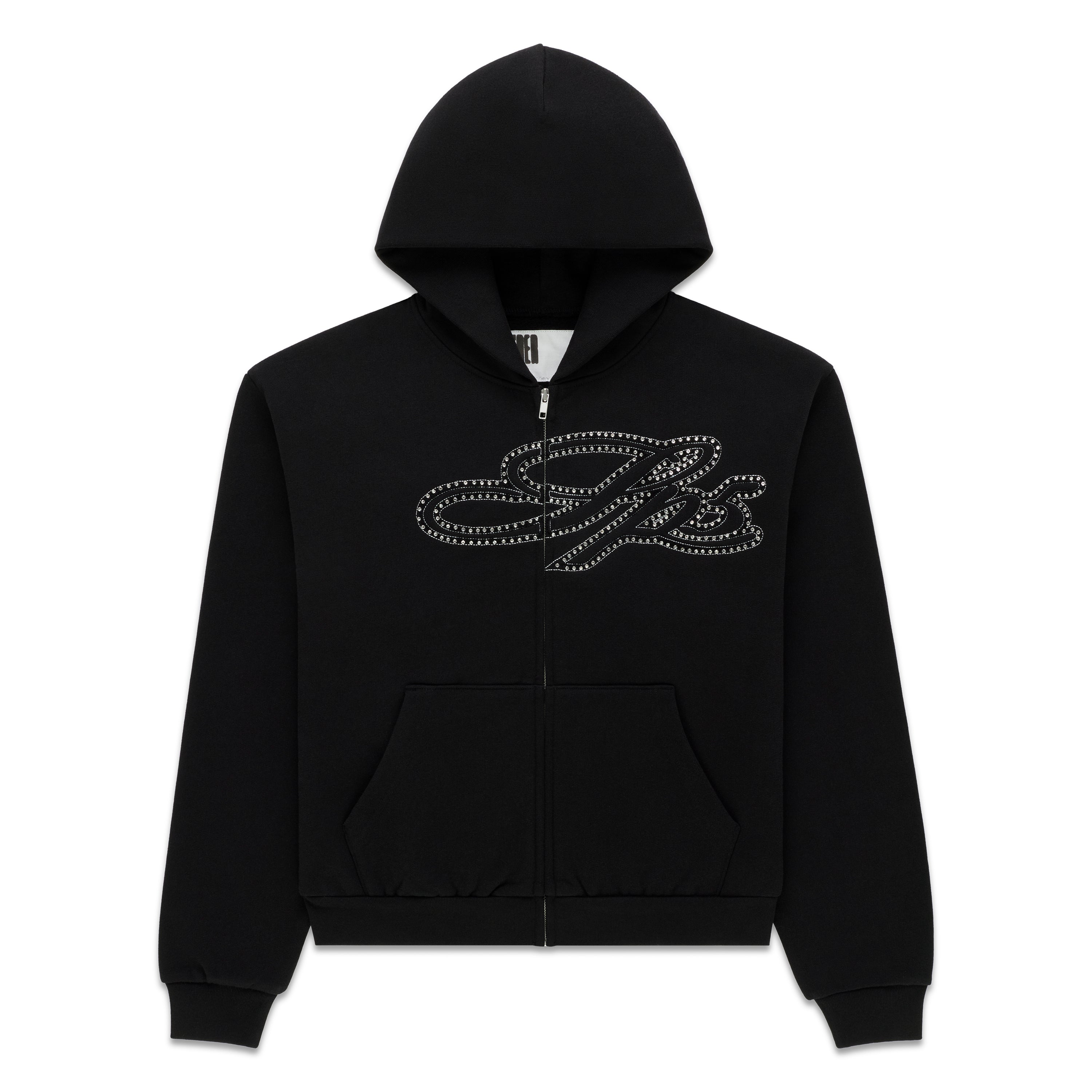 BLACK RHINESTONE SCRIPT ZIP HOODIE | SP5DER | KING SPIDER