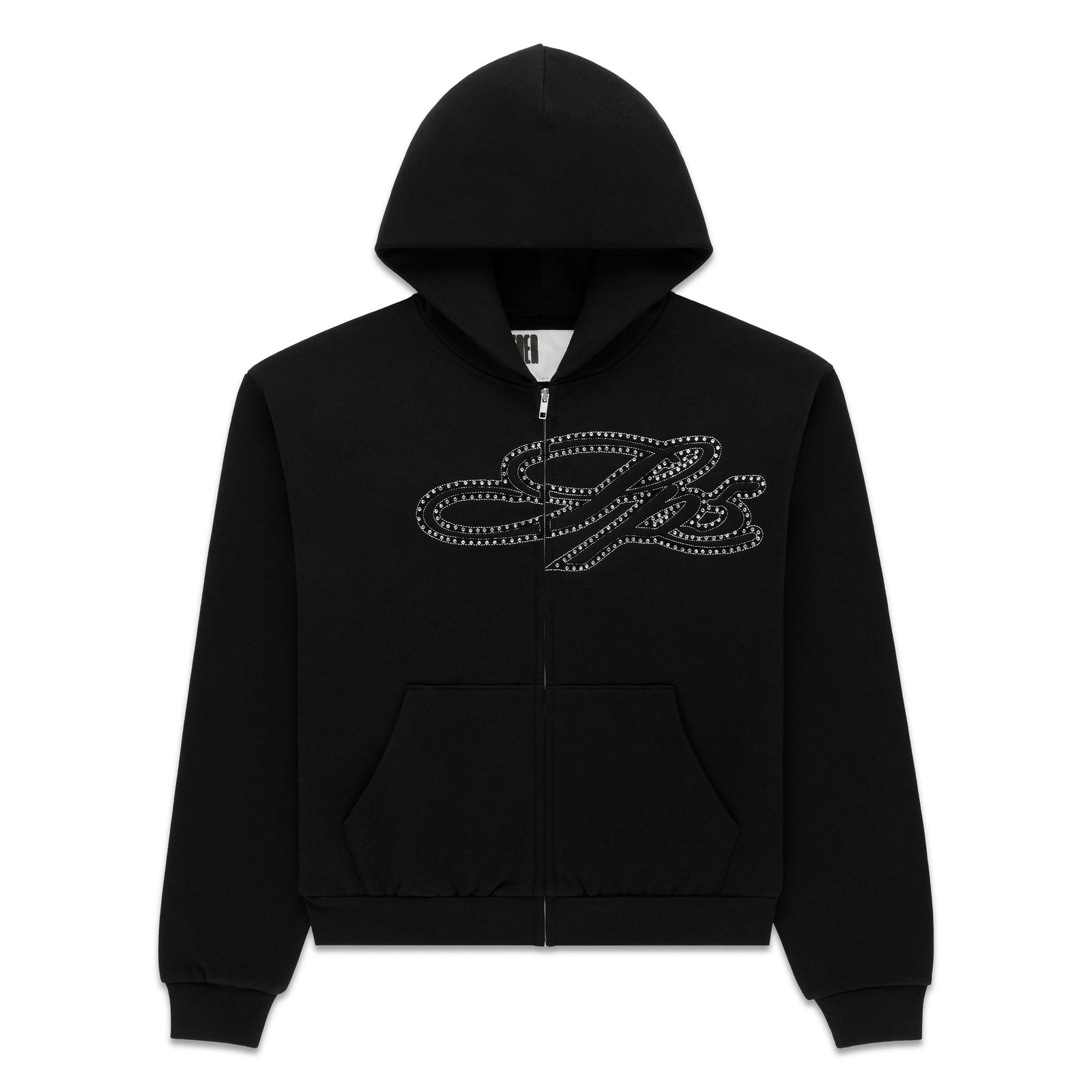 Black 13oz cotton fleece zip hoodie with rhinestone script on chest, kangaroo pocket, ribbed cuffs and waistband.