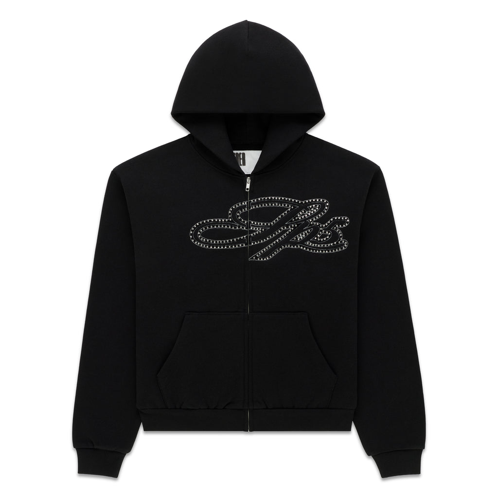 Black 13oz cotton fleece zip hoodie with rhinestone script on chest, kangaroo pocket, ribbed cuffs and waistband.