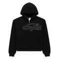 Black 13oz cotton fleece zip hoodie with rhinestone script on chest, kangaroo pocket, ribbed cuffs and waistband.