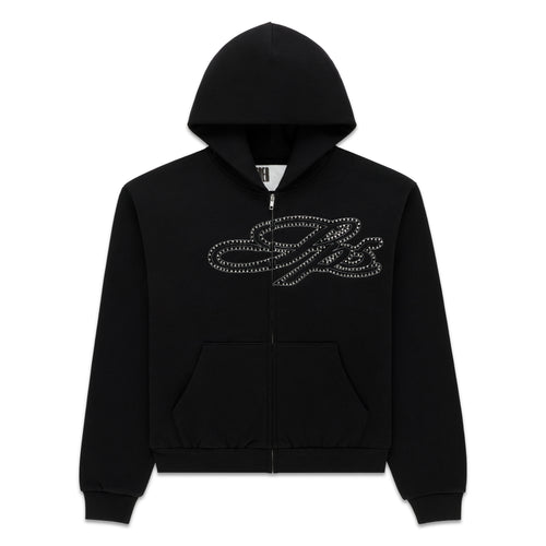 Black 13oz cotton fleece zip hoodie with rhinestone script on chest, kangaroo pocket, ribbed cuffs and waistband.