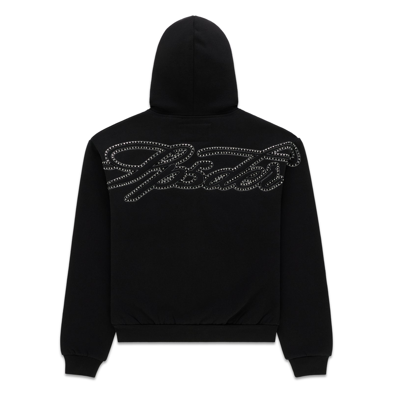 Black 13oz cotton fleece zip hoodie with rhinestone script on the back.