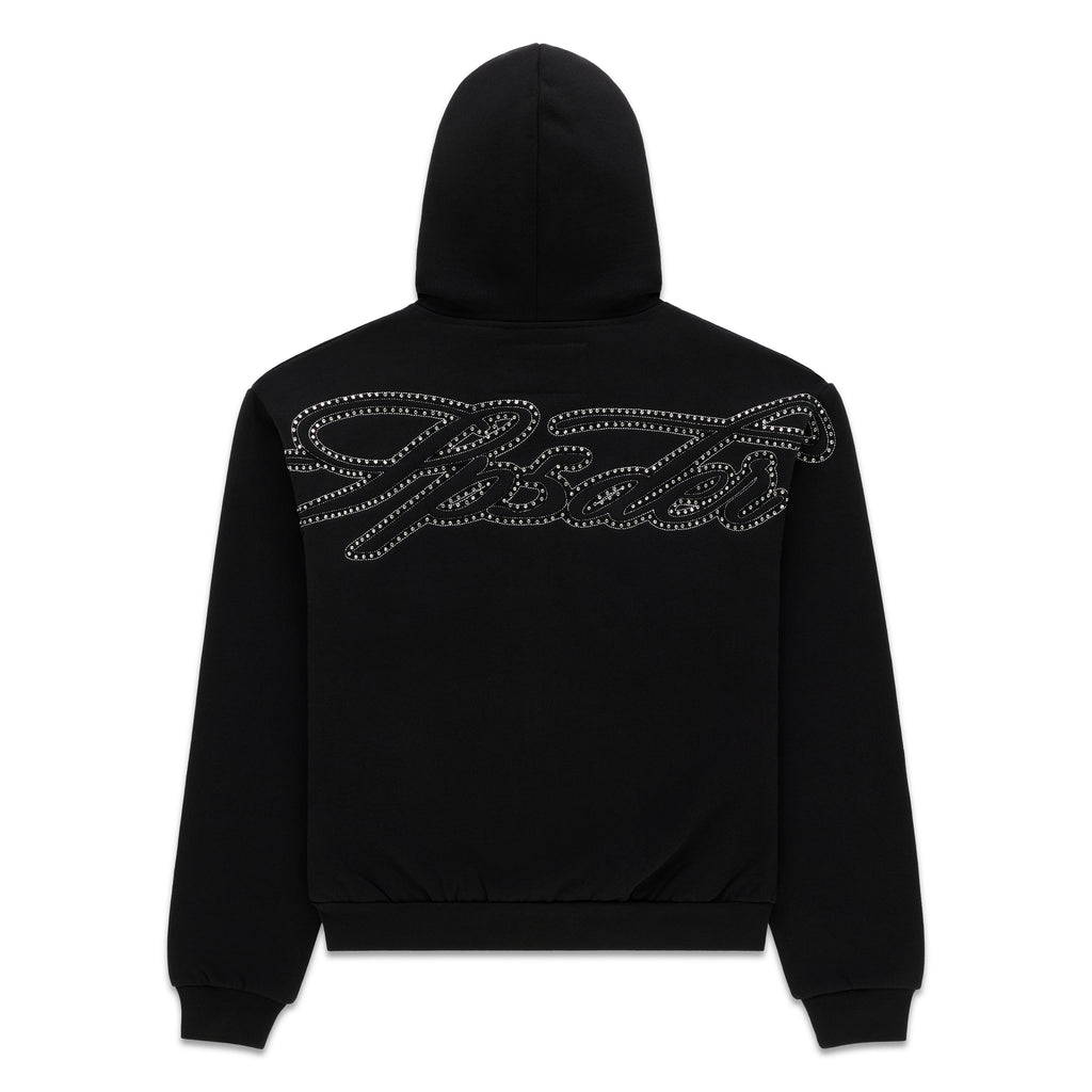 Black 13oz cotton fleece zip hoodie with rhinestone script on the back.