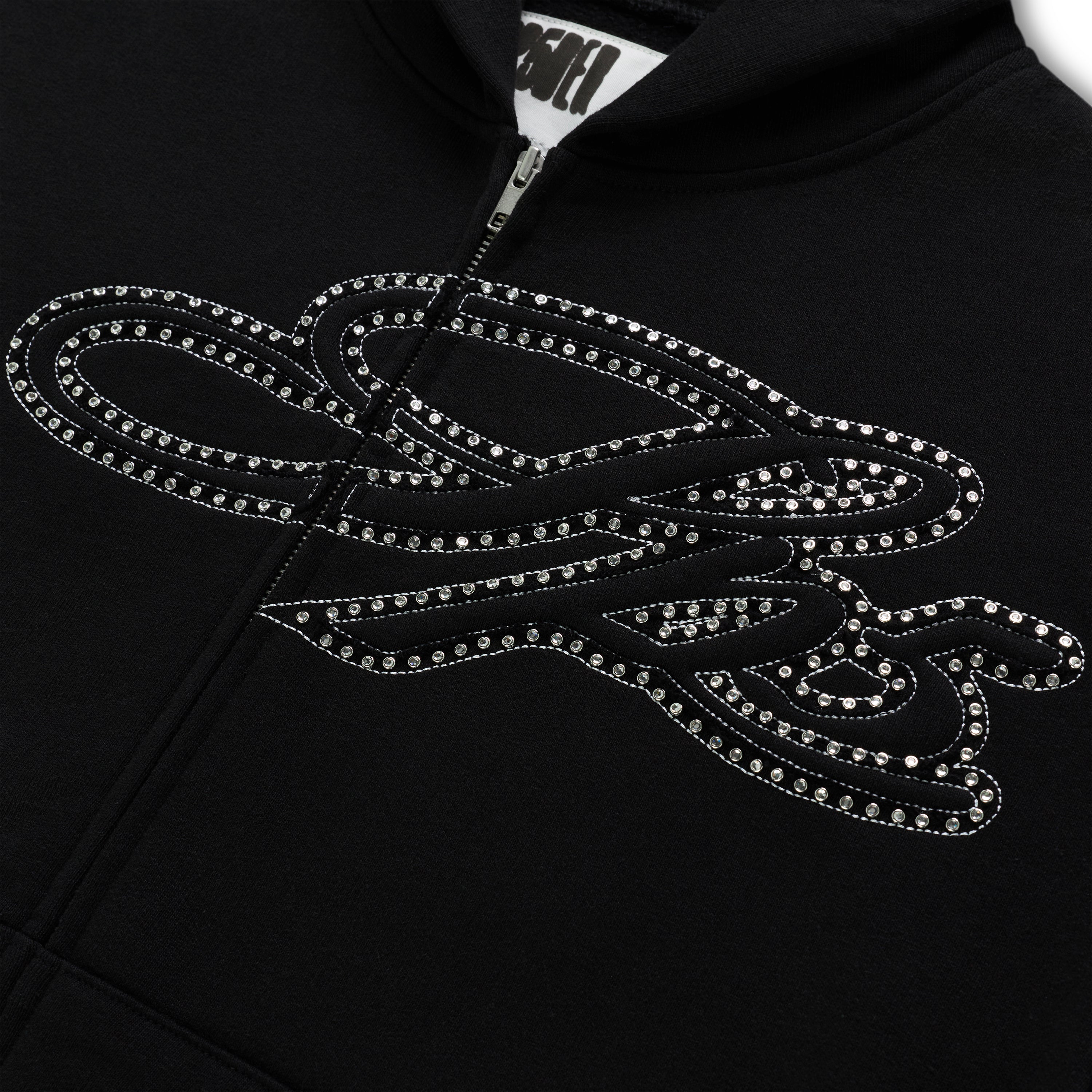 BLACK RHINESTONE SCRIPT ZIP HOODIE | SP5DER | KING SPIDER