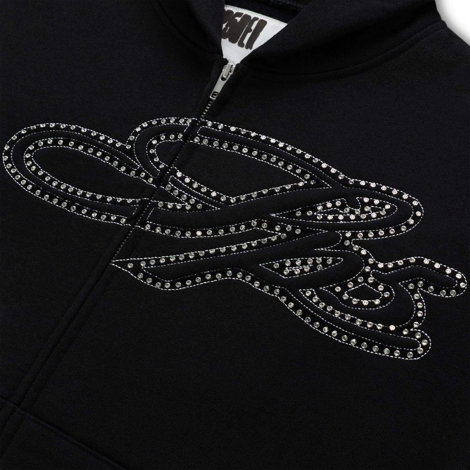 Black 13oz cotton fleece zip hoodie with a rhinestone-lined script design on the chest.
