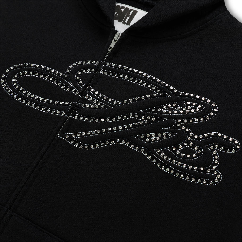 Black 13oz cotton fleece zip hoodie with a rhinestone-lined script design on the chest.