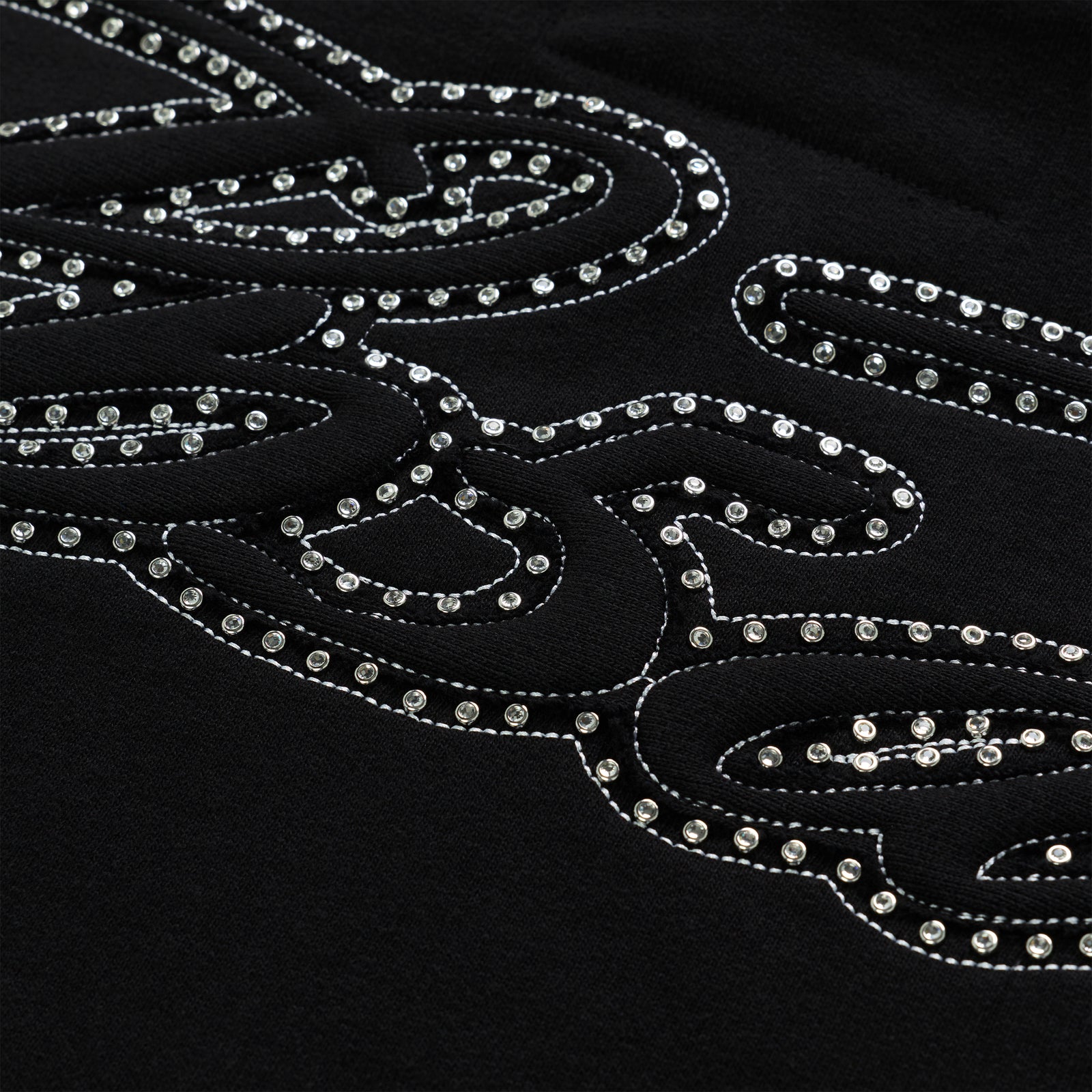 Black cotton fleece hoodie with rhinestone-lined script text design.