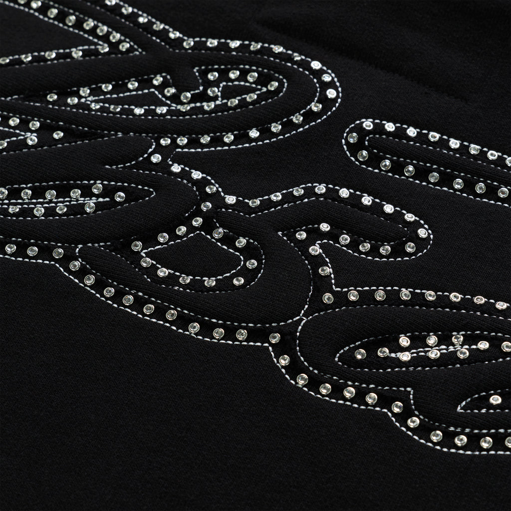 Black cotton fleece hoodie with rhinestone-lined script text design.