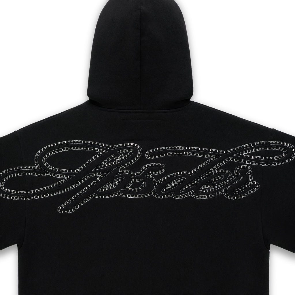 Black 13oz cotton fleece zip hoodie with rhinestone script text design on the back.