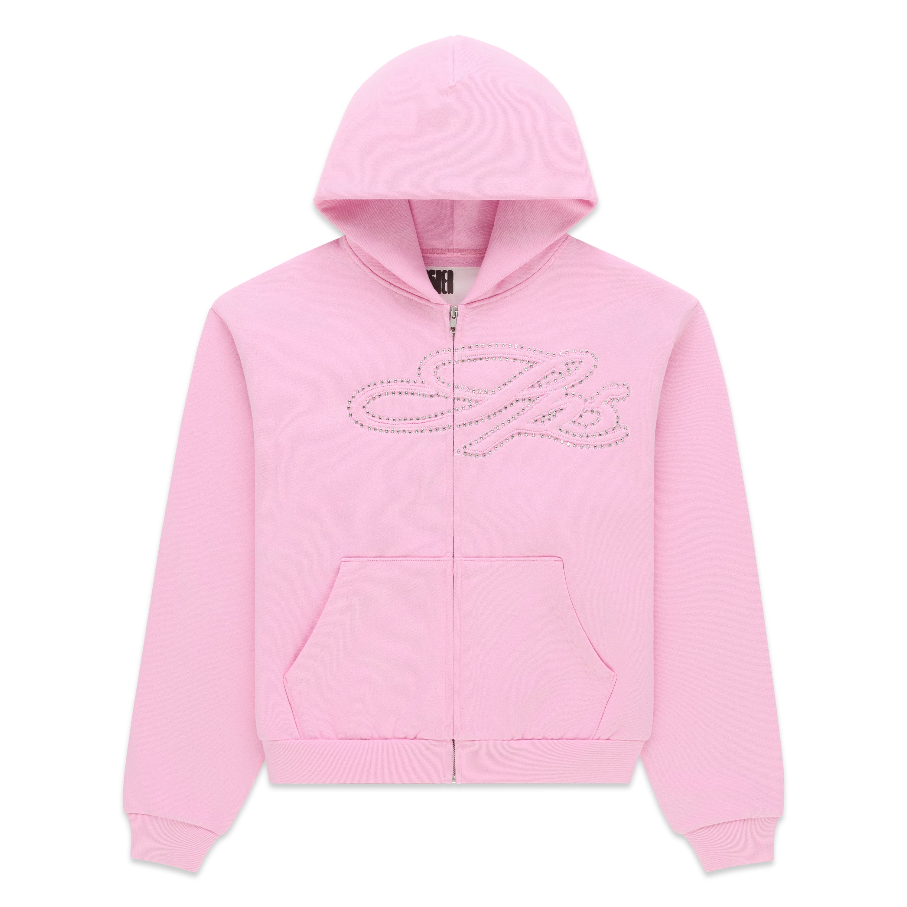 LIGHT PINK RHINESTONE SCRIPT ZIP HOODIE | SP5DER | KING SPIDER