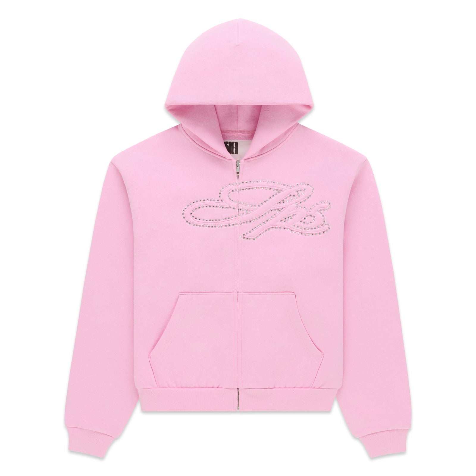 Pink 13oz cotton fleece zip hoodie with rhinestone script on the chest, kangaroo pocket, ribbed cuffs and waistband.
