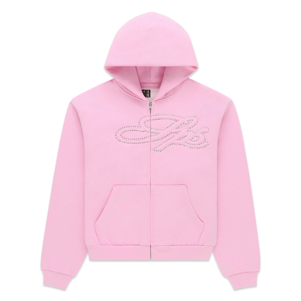 Pink 13oz cotton fleece zip hoodie with rhinestone script on the chest, kangaroo pocket, ribbed cuffs and waistband.