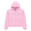 Pink 13oz cotton fleece zip hoodie with rhinestone script on the chest, kangaroo pocket, ribbed cuffs and waistband.