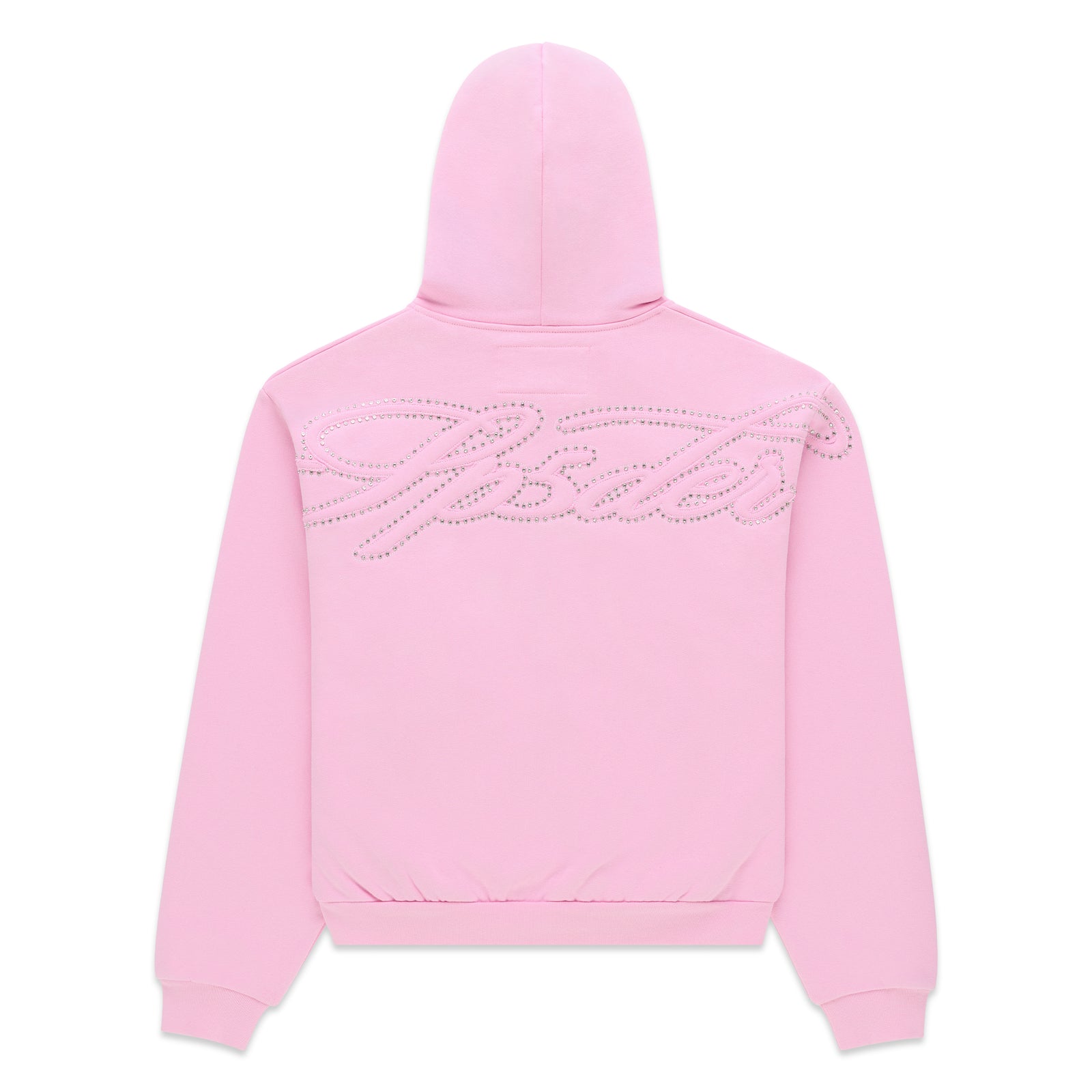 Pink cotton fleece zip hoodie with rhinestone script design on the back.
