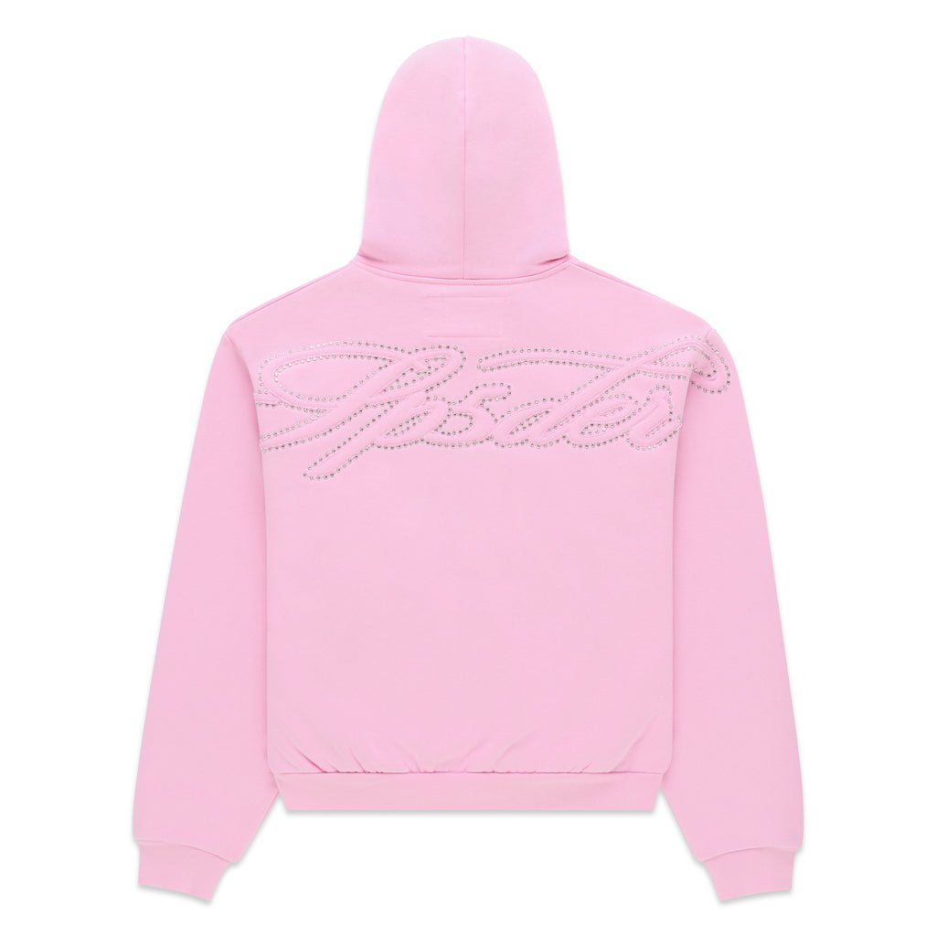 Pink cotton fleece zip hoodie with rhinestone script design on the back.