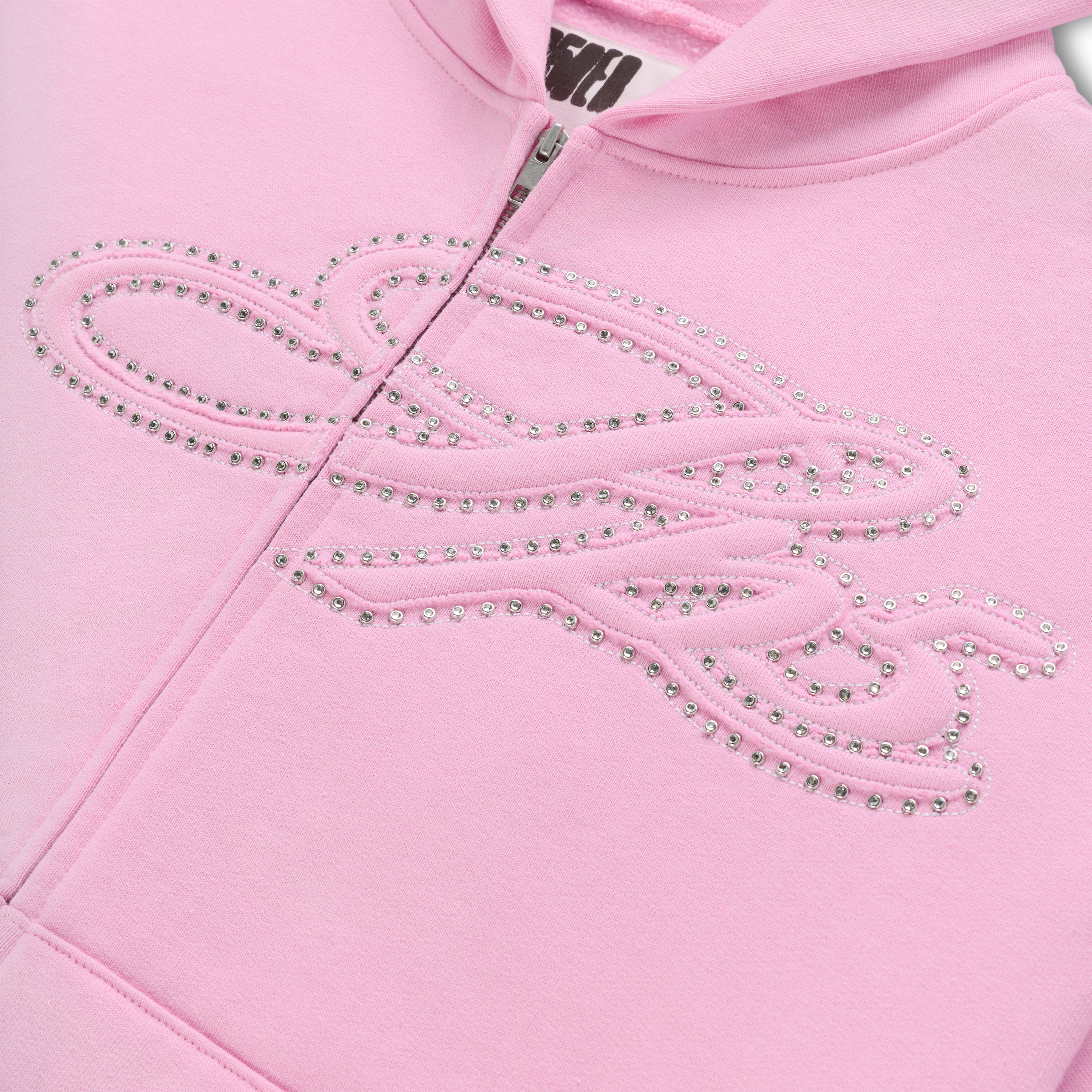 LIGHT PINK RHINESTONE SCRIPT ZIP HOODIE | SP5DER | KING SPIDER