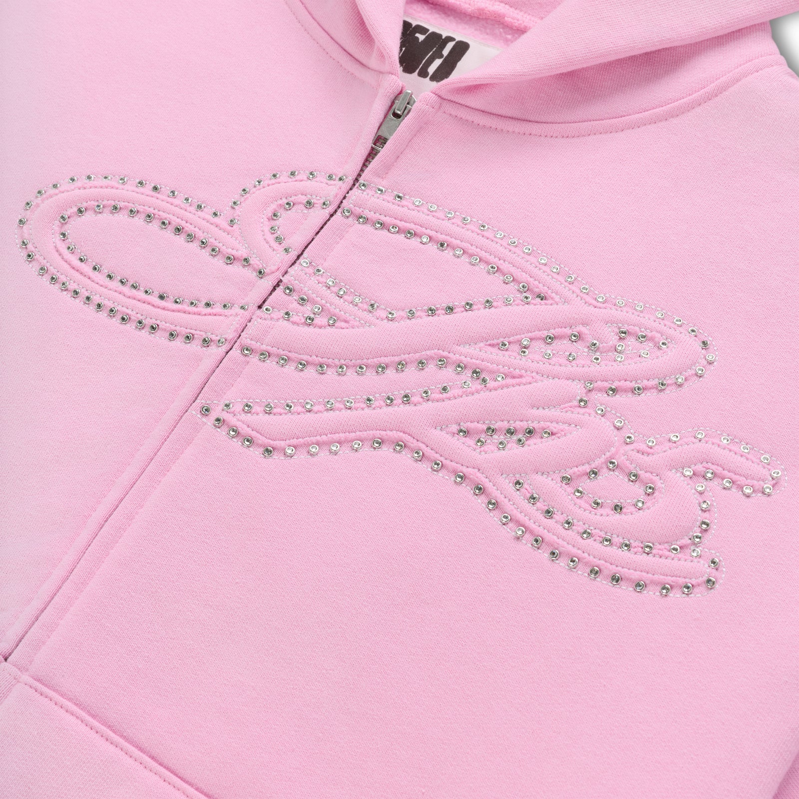 Pink 13oz cotton fleece zip hoodie with rhinestone script design on the chest.