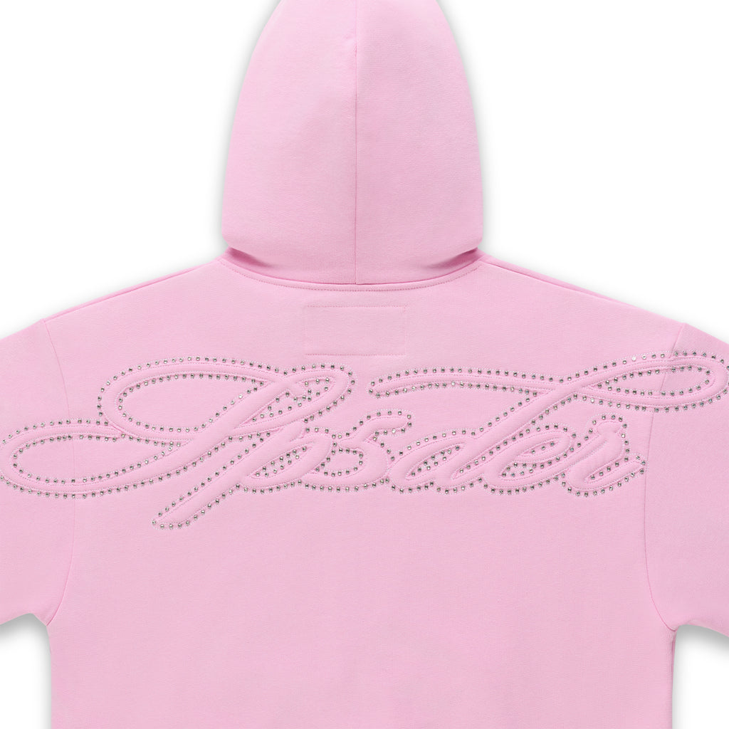 Pink 100% cotton fleece hoodie with "Rhinestone Script" design on the back.