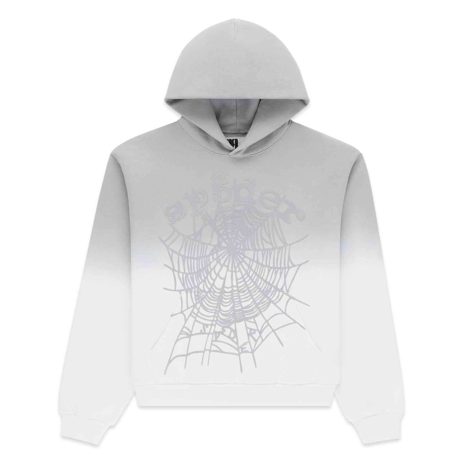 OG Web Ombre Hoodie: Grey to white cotton fleece with front spiderweb and "spider" puff print.