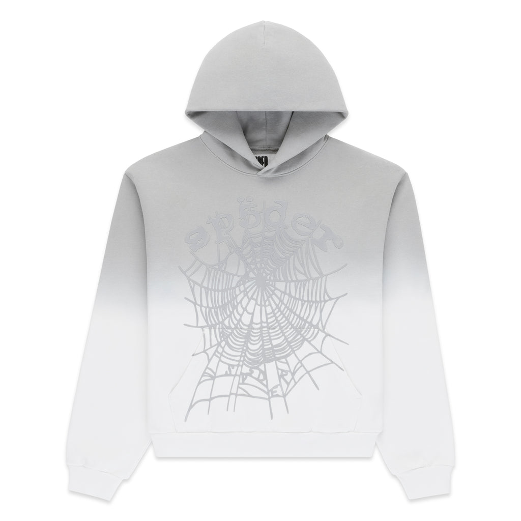 OG Web Ombre Hoodie: Grey to white cotton fleece with front spiderweb and "spider" puff print.