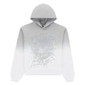 OG Web Ombre Hoodie: Grey to white cotton fleece with front spiderweb and "spider" puff print.