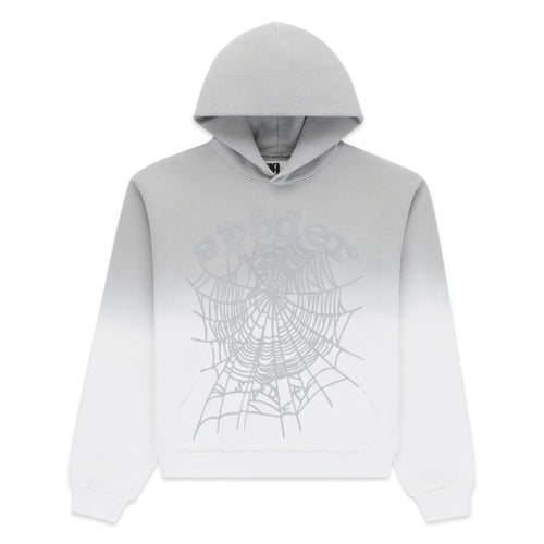 OG Web Ombre Hoodie: Grey to white cotton fleece with front spiderweb and "spider" puff print.