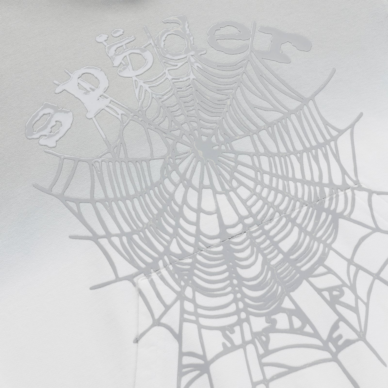 White OG WEB OMBRE HOODIE with a large, light grey spiderweb design and "spider" text in puff print.