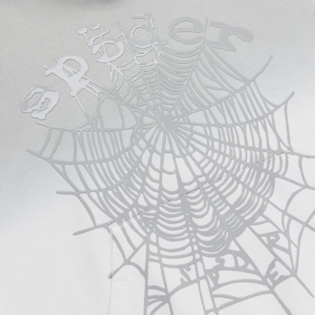 White OG WEB OMBRE HOODIE with a large, light grey spiderweb design and "spider" text in puff print.