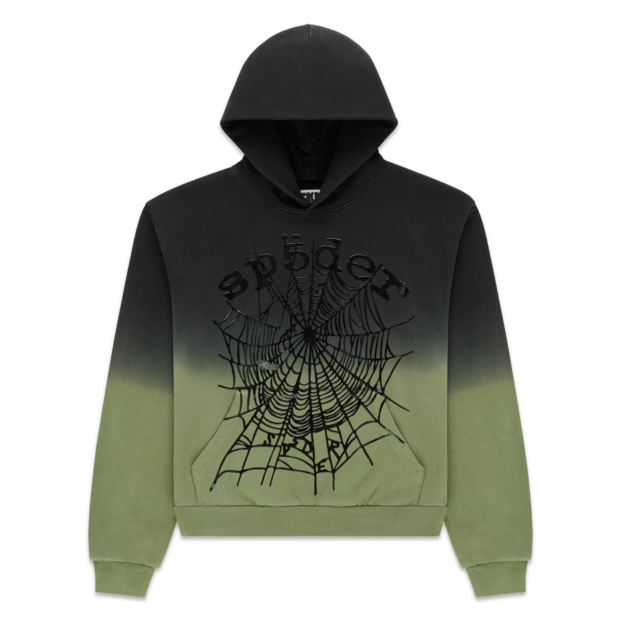 OG WEB OMBRE HOODIE: Black to olive green ombre 13oz cotton fleece hoodie with puff print spider web design.