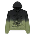 OG WEB OMBRE HOODIE: Black to olive green ombre 13oz cotton fleece hoodie with puff print spider web design.